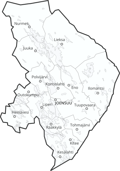 Kartta Pohjois-Karjalasta palvelualueena. Palvelemme koko alueella Tuupovaarasta käsin.